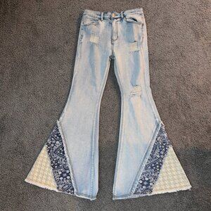 POL BIG FLARE BELL BOTTOM PATCHWORK BOHO RETRO 60'S BLUE JEANS - SIZE LARGE